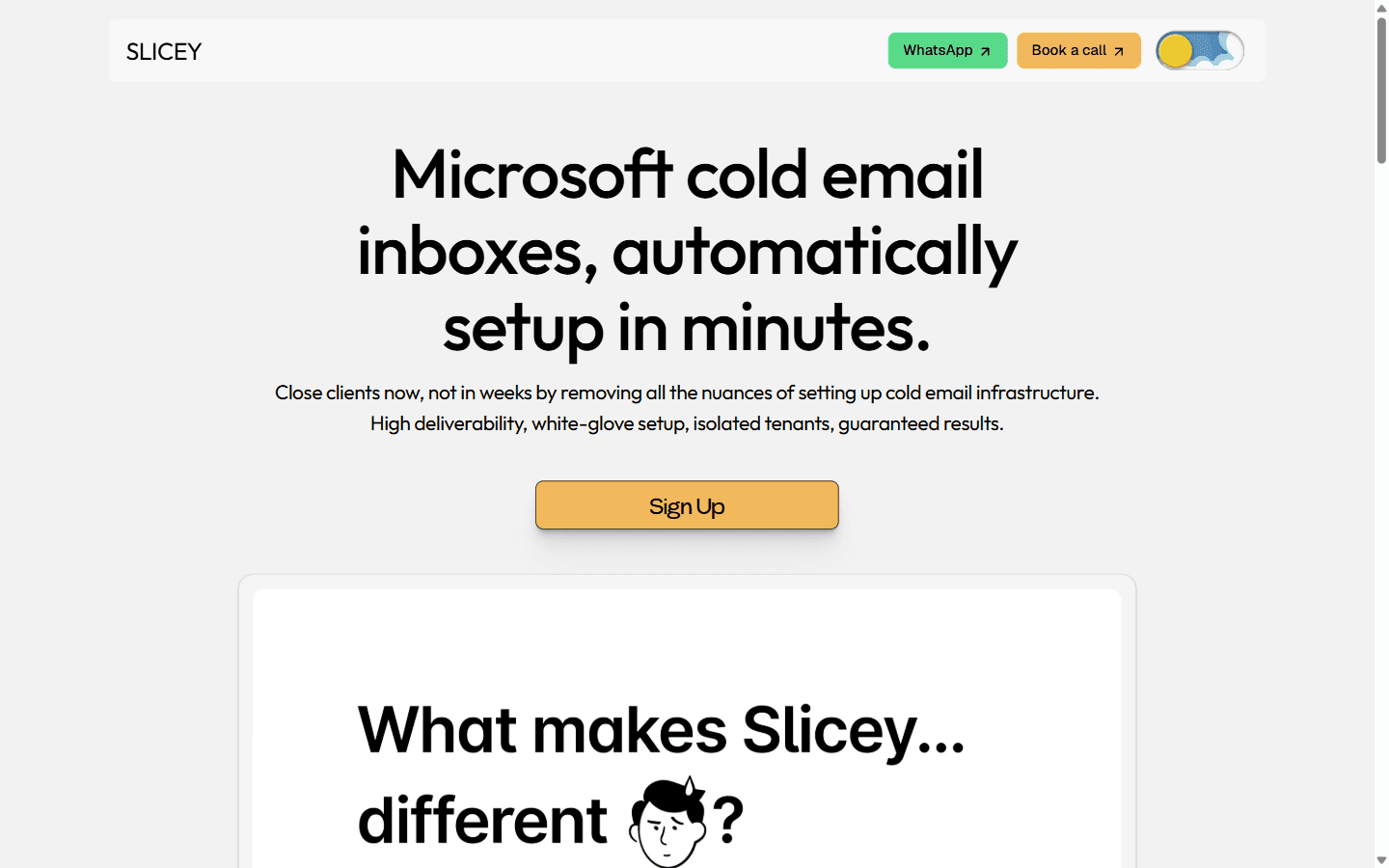 Slicey homepage showing isolated Outlook inbox panels and per-domain cold email pricing